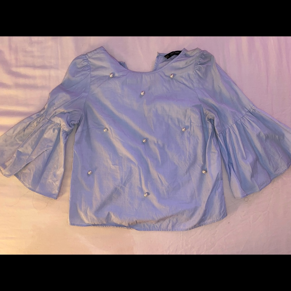 Zara blue, pearl-embellished blouse